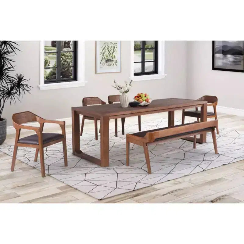 Ensemble de salle à manger extensible 6 pièces Rasmus de Boraam, finition brossée couleur Châtaigne : Style moderne, banc et chaises en similicuir