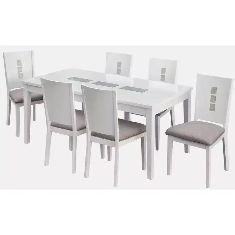 Lifestorey 7pc Diamond Rectangular Dining Set White: Modern Textured Glass, Rubberwood Legs, Gray Linen Chairs