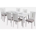 Lifestorey 7pc Diamond Rectangular Dining Set White: Modern Textured Glass, Rubberwood Legs, Gray Linen Chairs