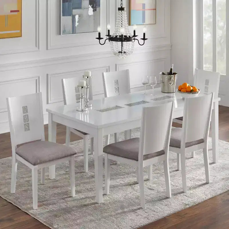 Ensemble de salle à manger rectangulaire 7 pièces Diamond Lifestorey blanc : verre texturé moderne, pieds en bois d'hévéa, chaises en lin gris