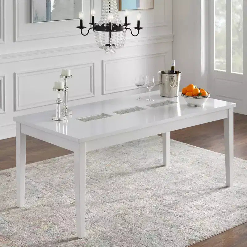 Ensemble de salle à manger rectangulaire 7 pièces Diamond Lifestorey blanc : verre texturé moderne, pieds en bois d'hévéa, chaises en lin gris
