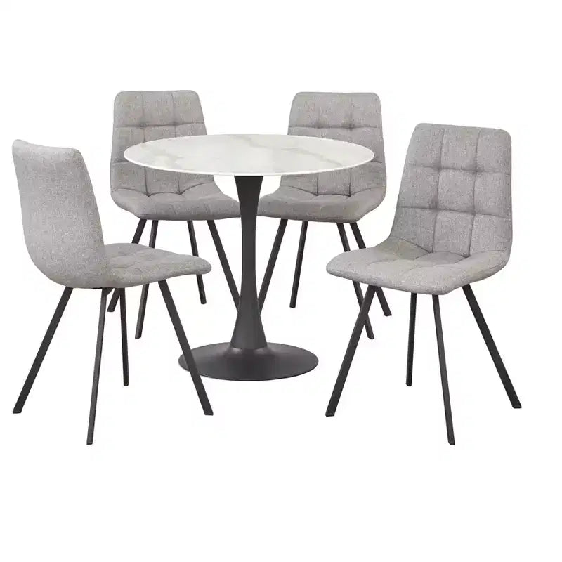 Buylateral 5pc Rho Mid Century Modern 36" Round Dining Set Gray: Marble Look, Black Metal Base, 4 Upholstered Chairs