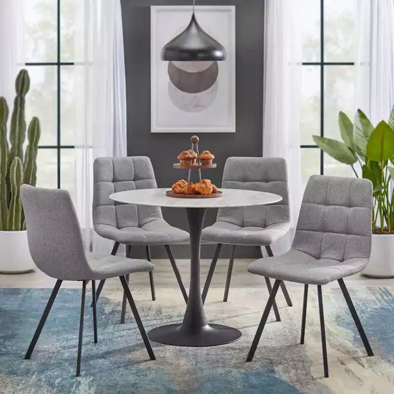 Ensemble de salle à manger 5 pièces Buylateral Rho, style moderne du milieu du siècle, table ronde de 36 po, gris : aspect marbre, piètement en métal noir, 4 chaises rembourrées
