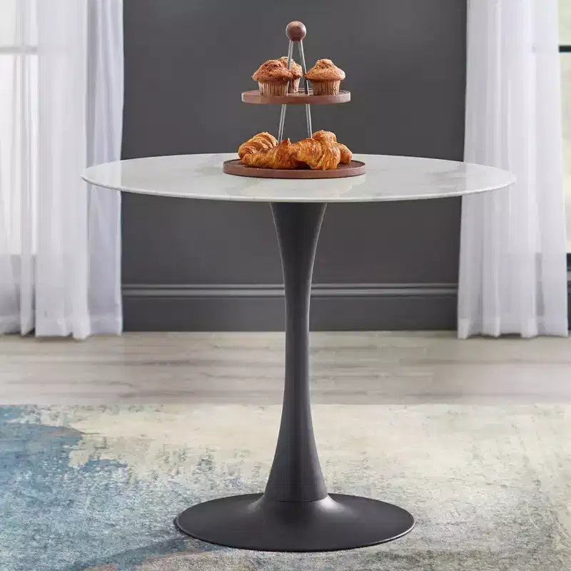 Ensemble de salle à manger 5 pièces Buylateral Rho, style moderne du milieu du siècle, table ronde de 36 po, gris : aspect marbre, piètement en métal noir, 4 chaises rembourrées