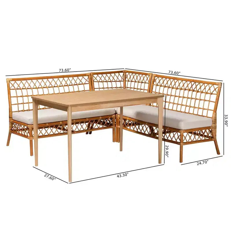 Ensemble de coin-repas 4 pièces Adora en rotin Bali & Pari : style bohème, sièges rembourrés, table en bois d'hévéa