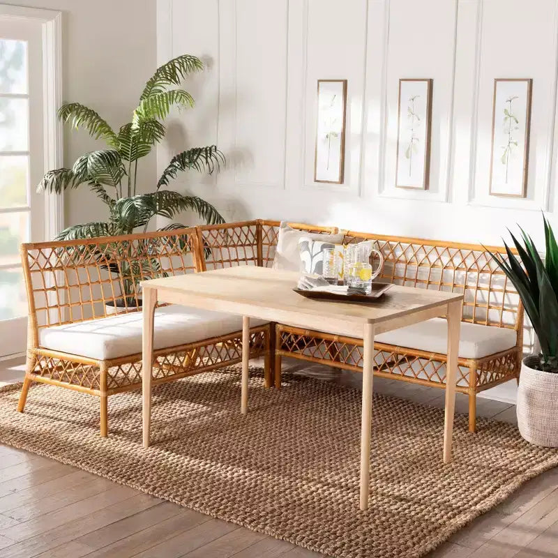 Ensemble de coin-repas 4 pièces Adora en rotin Bali & Pari : style bohème, sièges rembourrés, table en bois d'hévéa