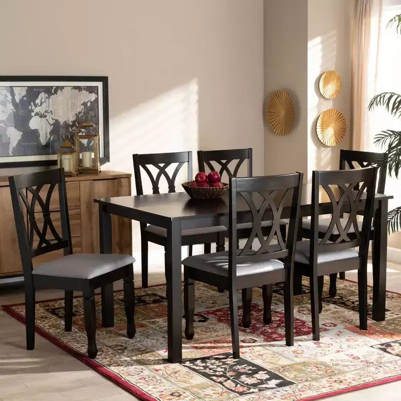 Ensemble de salle à manger 7 pièces Reneau en bois rembourré, gris sable/expresso - Baxton Studio : bois d'hévéa massif, chaises rembourrées en mousse