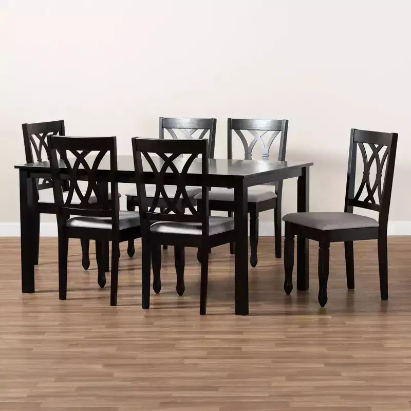 Ensemble de salle à manger 7 pièces Reneau en bois rembourré, gris sable/expresso - Baxton Studio : bois d'hévéa massif, chaises rembourrées en mousse