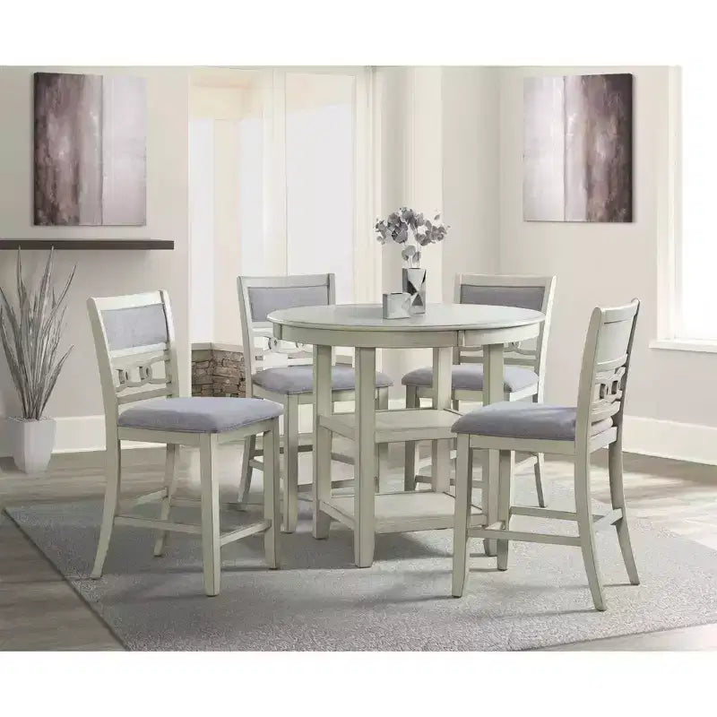 Ensemble de salle à manger 5 pièces Taylor hauteur comptoir beige - Picket House Furnishings : table ronde de style transitionnel, chaises sans accoudoirs rembourrées