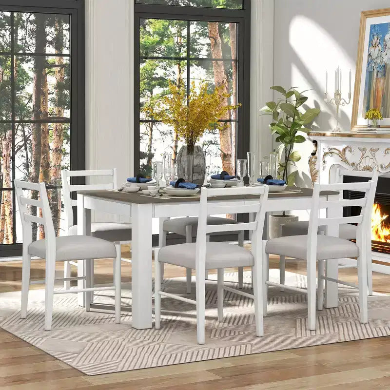 Ensemble de salle à manger extensible en bois 7 pièces avec 6 chaises rembourrées, rallonge de 12 po et 2 tiroirs - ModernLuxe