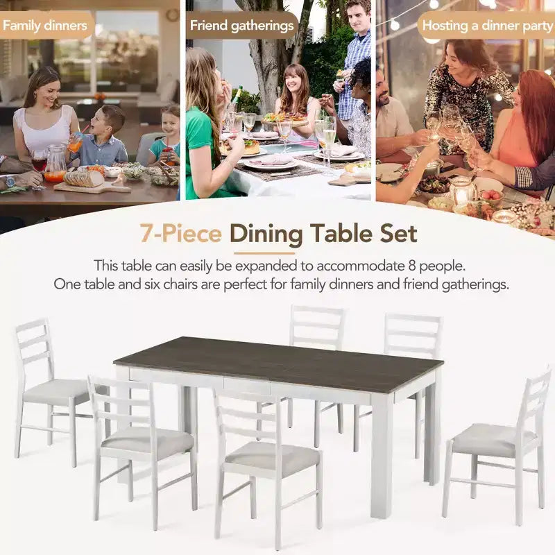 Ensemble de salle à manger extensible en bois 7 pièces avec 6 chaises rembourrées, rallonge de 12 po et 2 tiroirs - ModernLuxe