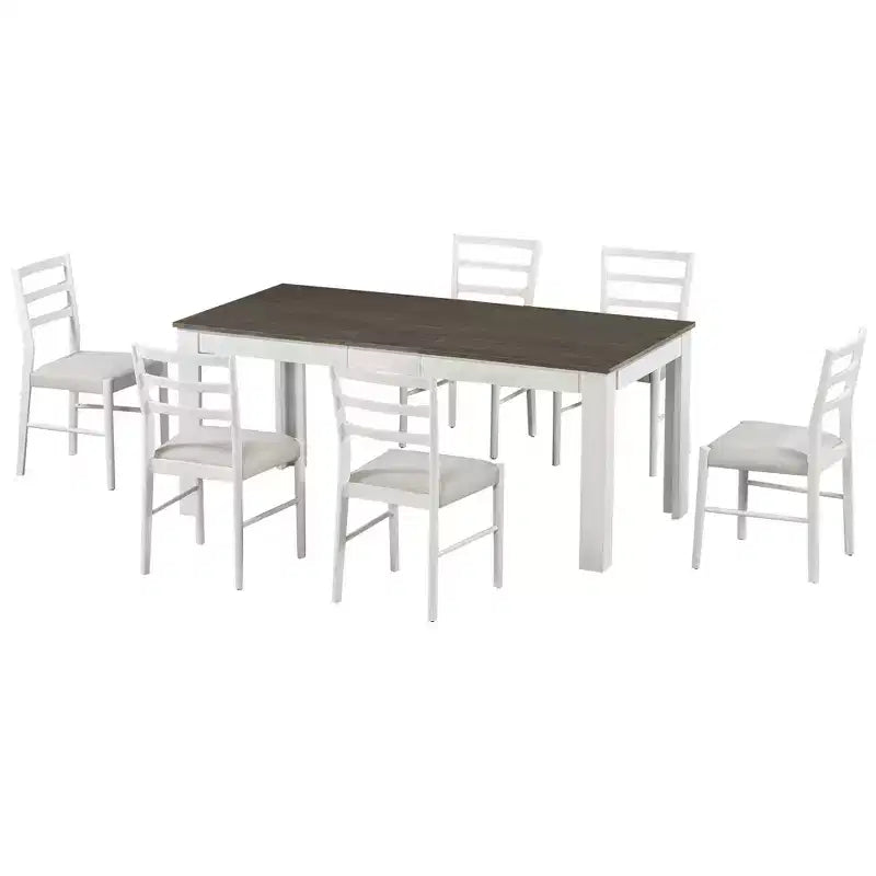Ensemble de salle à manger extensible en bois 7 pièces avec 6 chaises rembourrées, rallonge de 12 po et 2 tiroirs - ModernLuxe