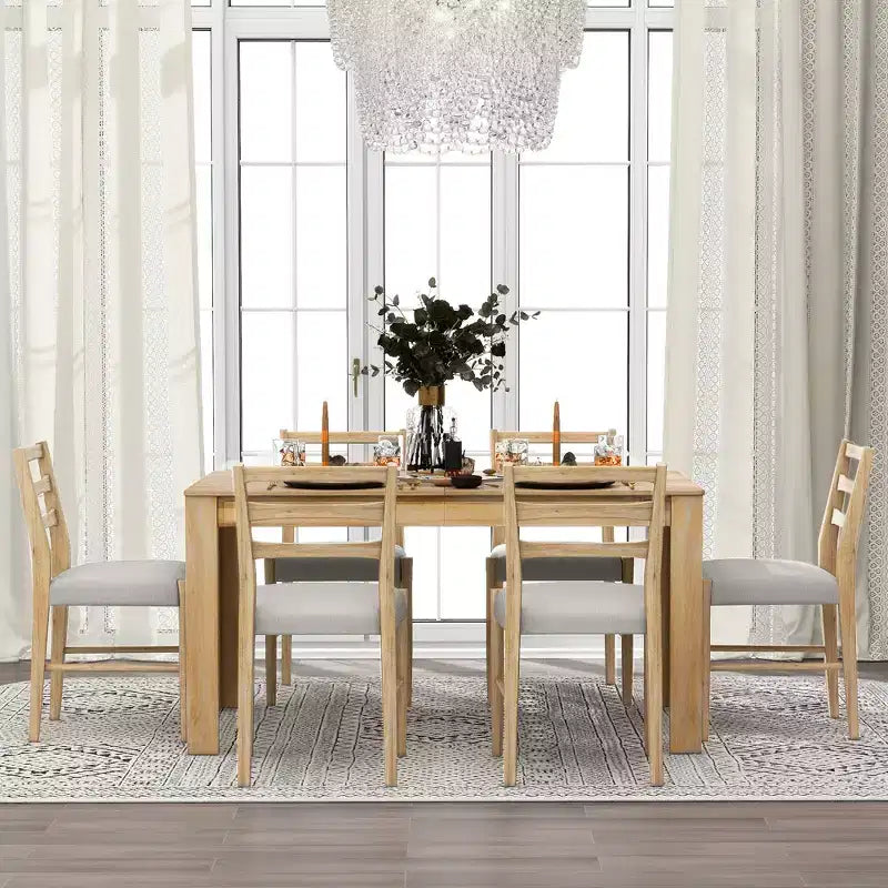 Ensemble de salle à manger extensible en bois 7 pièces avec 6 chaises rembourrées, rallonge de 12 po et 2 tiroirs - ModernLuxe