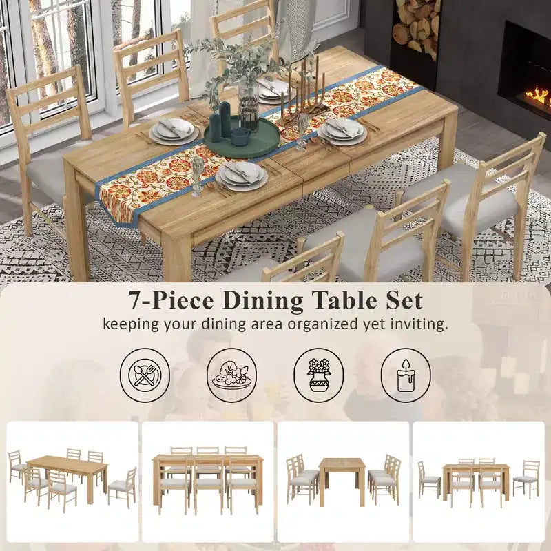 Ensemble de salle à manger extensible en bois 7 pièces avec 6 chaises rembourrées, rallonge de 12 po et 2 tiroirs - ModernLuxe