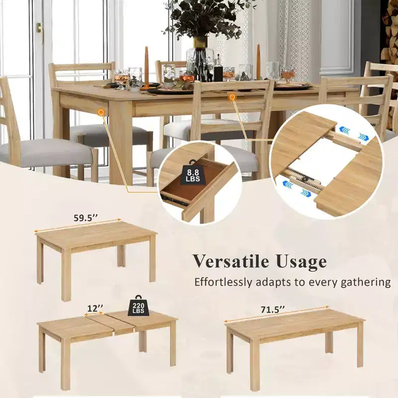 Ensemble de salle à manger extensible en bois 7 pièces avec 6 chaises rembourrées, rallonge de 12 po et 2 tiroirs - ModernLuxe
