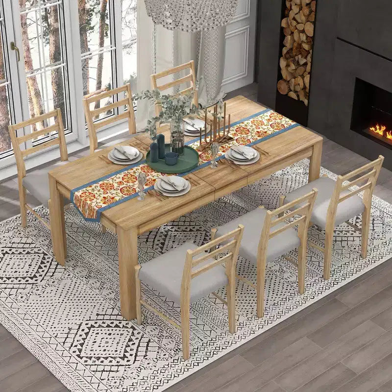 7 PCS Extendable Wooden Dining Table Set with 6 Upholstered Chairs, 12 Leaf and 2 Drawers-ModernLuxe