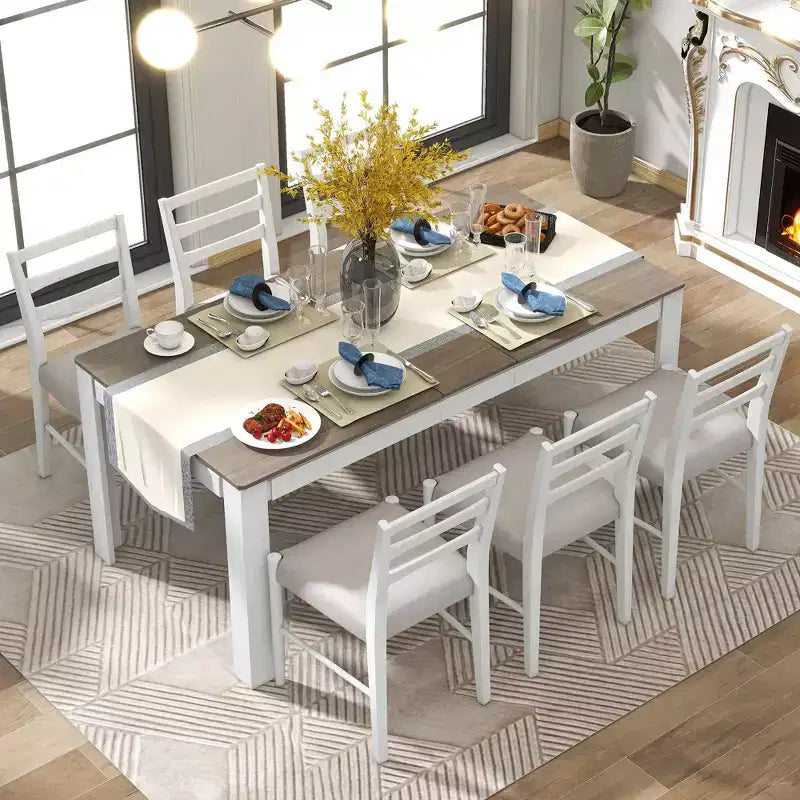 Ensemble de salle à manger extensible en bois 7 pièces avec 6 chaises rembourrées, rallonge de 12 po et 2 tiroirs - ModernLuxe