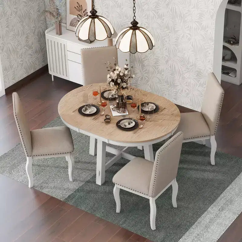 Ensemble de salle à manger 5 pièces avec table ronde extensible en bois et 4 chaises de salle à manger rembourrées - ModernLuxe