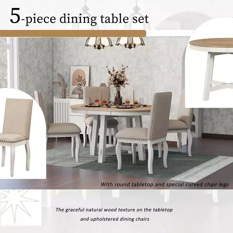 Ensemble de salle à manger 5 pièces avec table ronde extensible en bois et 4 chaises de salle à manger rembourrées - ModernLuxe