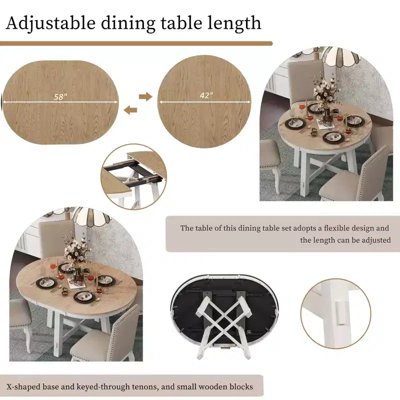 Ensemble de salle à manger 5 pièces avec table ronde extensible en bois et 4 chaises de salle à manger rembourrées - ModernLuxe