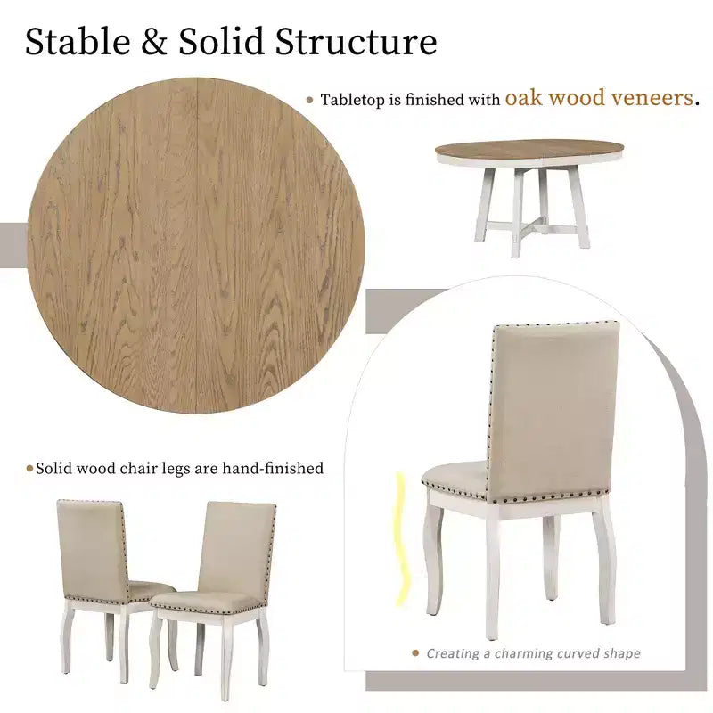 Ensemble de salle à manger 5 pièces avec table ronde extensible en bois et 4 chaises de salle à manger rembourrées - ModernLuxe