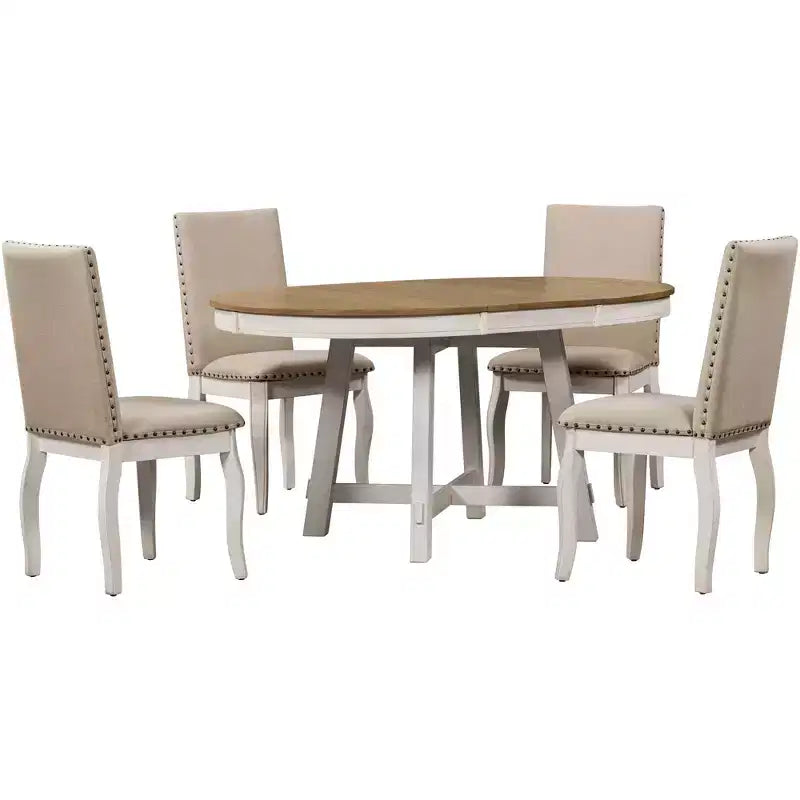 Ensemble de salle à manger 5 pièces avec table ronde extensible en bois et 4 chaises de salle à manger rembourrées - ModernLuxe