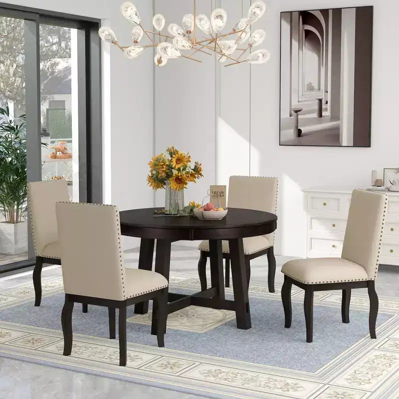 Ensemble de salle à manger 5 pièces avec table ronde extensible en bois et 4 chaises de salle à manger rembourrées - ModernLuxe