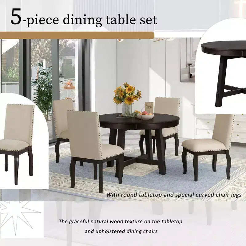 Ensemble de salle à manger 5 pièces avec table ronde extensible en bois et 4 chaises de salle à manger rembourrées - ModernLuxe