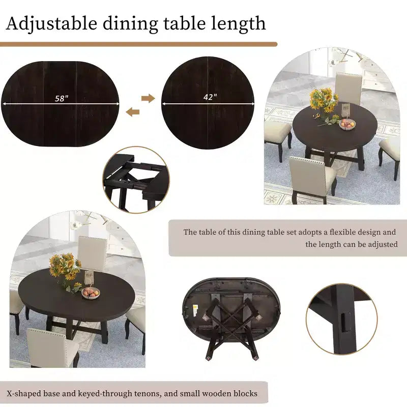 Ensemble de salle à manger 5 pièces avec table ronde extensible en bois et 4 chaises de salle à manger rembourrées - ModernLuxe