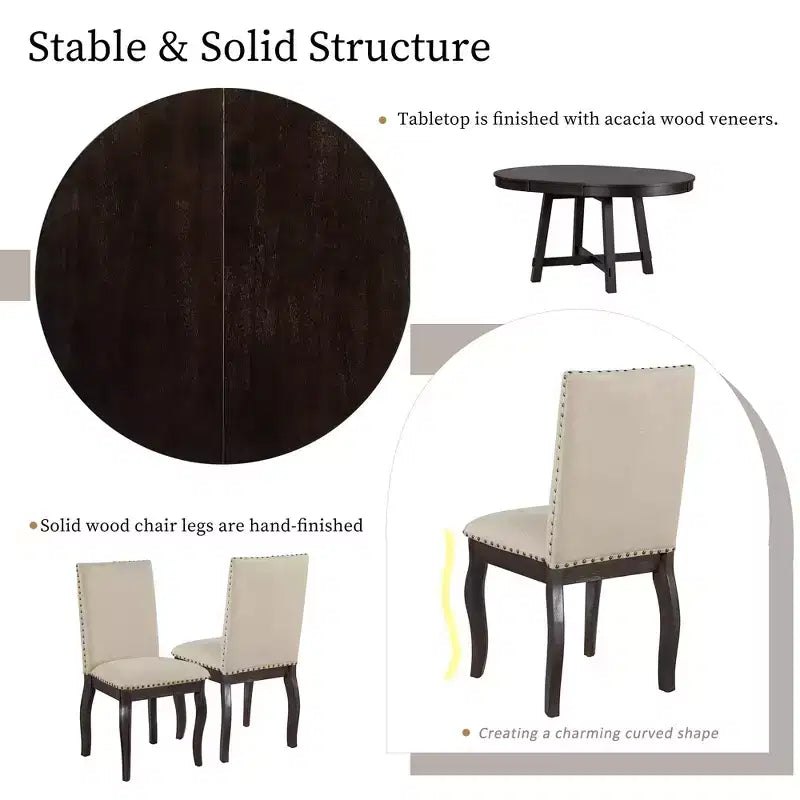 Ensemble de salle à manger 5 pièces avec table ronde extensible en bois et 4 chaises de salle à manger rembourrées - ModernLuxe