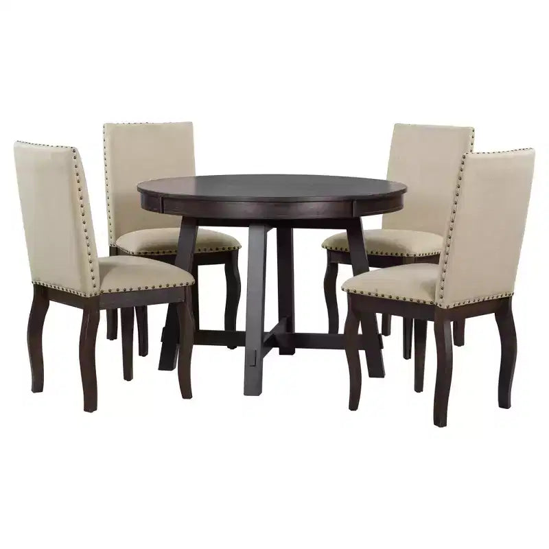 Ensemble de salle à manger 5 pièces avec table ronde extensible en bois et 4 chaises de salle à manger rembourrées - ModernLuxe