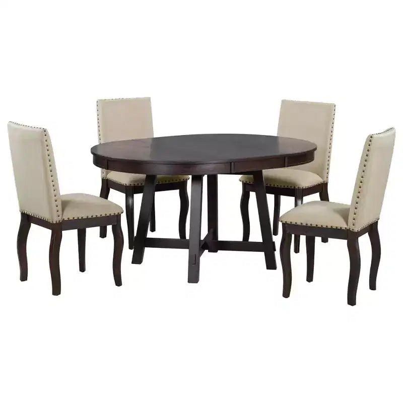 Ensemble de salle à manger 5 pièces avec table ronde extensible en bois et 4 chaises de salle à manger rembourrées - ModernLuxe