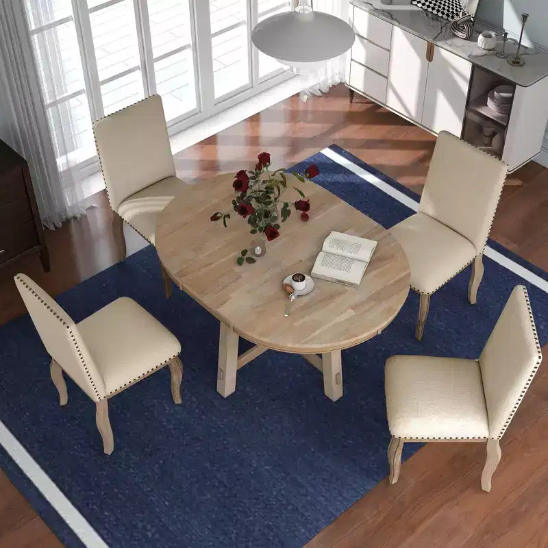Ensemble de salle à manger 5 pièces avec table ronde extensible en bois et 4 chaises de salle à manger rembourrées - ModernLuxe