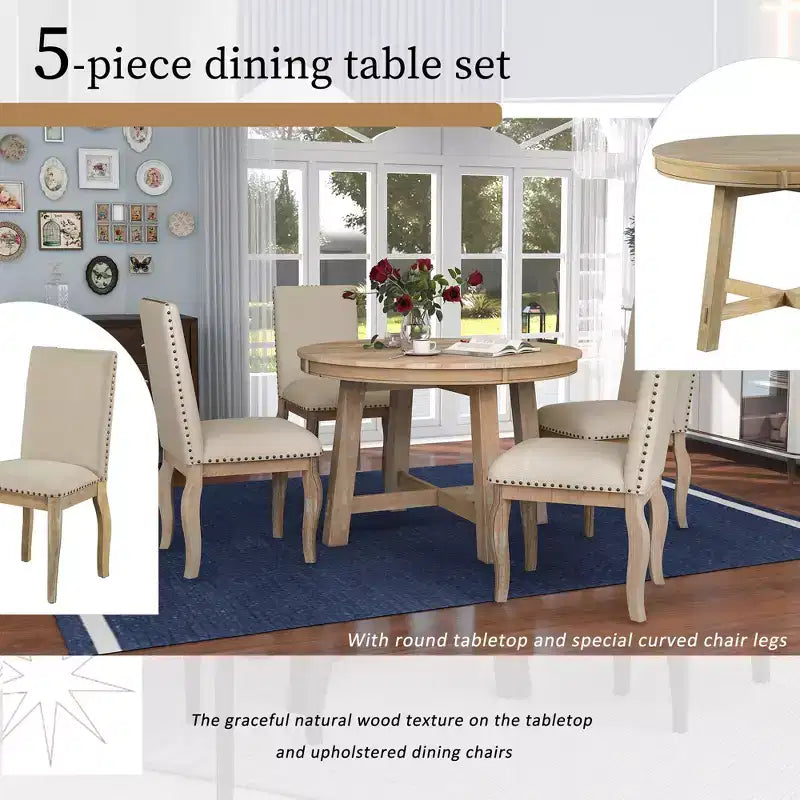 Ensemble de salle à manger 5 pièces avec table ronde extensible en bois et 4 chaises de salle à manger rembourrées - ModernLuxe