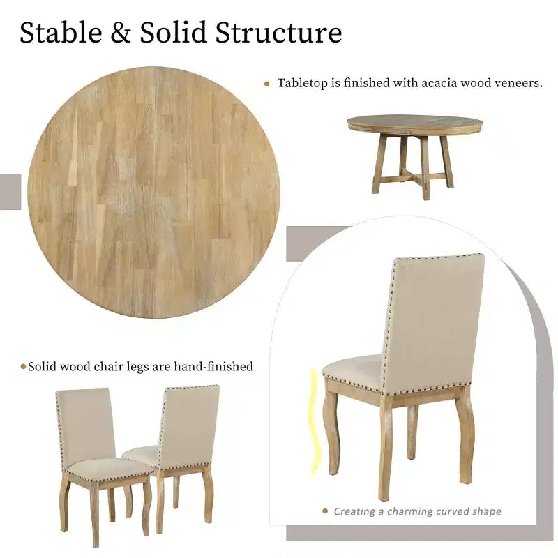 Ensemble de salle à manger 5 pièces avec table ronde extensible en bois et 4 chaises de salle à manger rembourrées - ModernLuxe