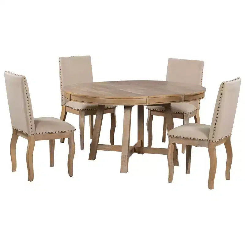 Ensemble de salle à manger 5 pièces avec table ronde extensible en bois et 4 chaises de salle à manger rembourrées - ModernLuxe