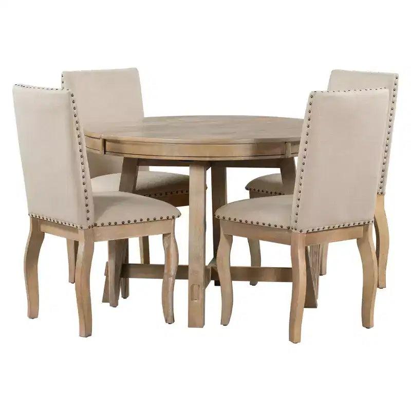 Ensemble de salle à manger 5 pièces avec table ronde extensible en bois et 4 chaises de salle à manger rembourrées - ModernLuxe
