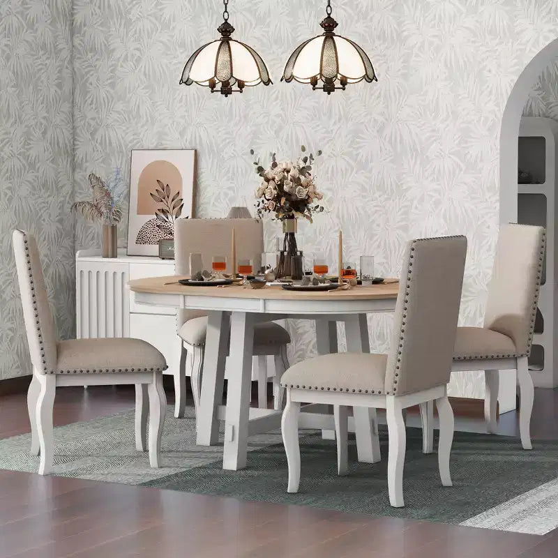 Ensemble de salle à manger 5 pièces avec table ronde extensible en bois et 4 chaises de salle à manger rembourrées - ModernLuxe