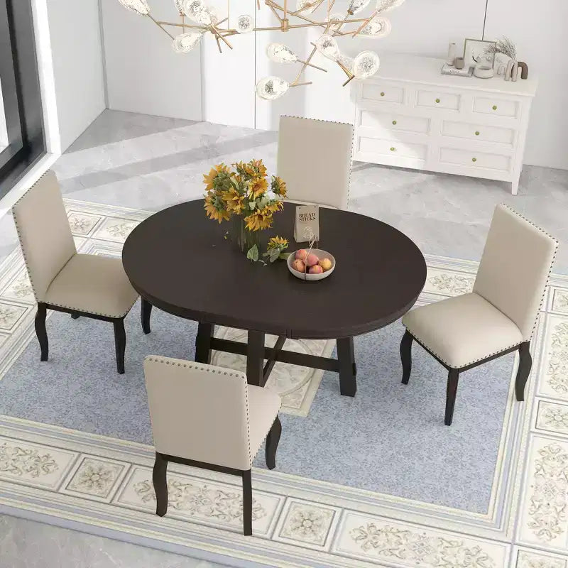 Ensemble de salle à manger 5 pièces avec table ronde extensible en bois et 4 chaises de salle à manger rembourrées - ModernLuxe