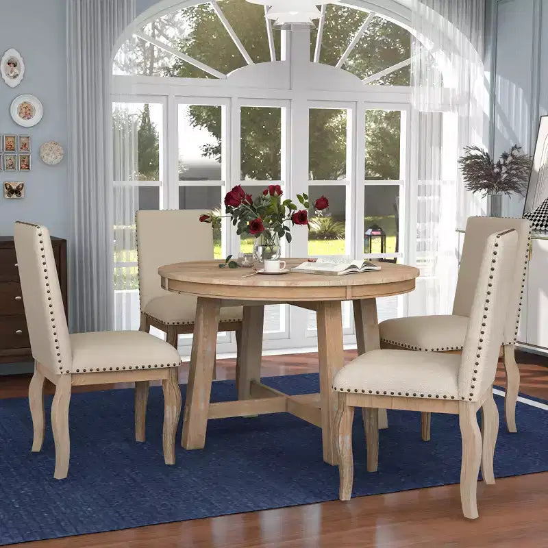 Ensemble de salle à manger 5 pièces avec table ronde extensible en bois et 4 chaises de salle à manger rembourrées - ModernLuxe