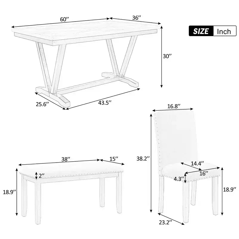 Ensemble de salle à manger 6 places ModernLuxe, table rectangulaire avec pieds en V, 4 chaises rembourrées et banc, blanc