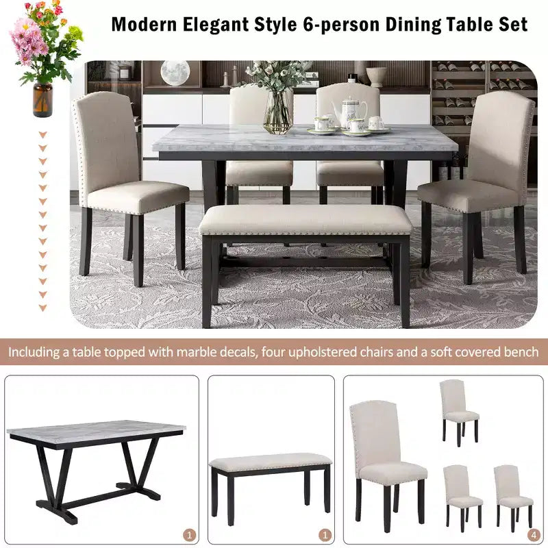 Ensemble de salle à manger 6 places ModernLuxe, table rectangulaire avec pieds en V, 4 chaises rembourrées et banc, blanc