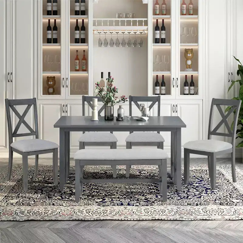 Ensemble de table à manger en bois 6 pièces, table pliante avec 4 chaises rembourrées et banc-ModernLuxe
