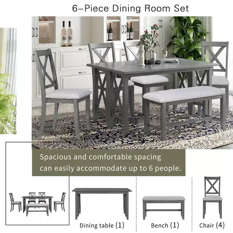 Ensemble de table à manger en bois 6 pièces, table pliante avec 4 chaises rembourrées et banc-ModernLuxe