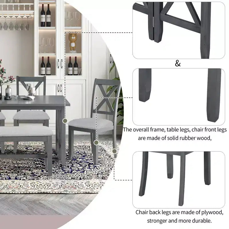 Ensemble de table à manger en bois 6 pièces, table pliante avec 4 chaises rembourrées et banc-ModernLuxe