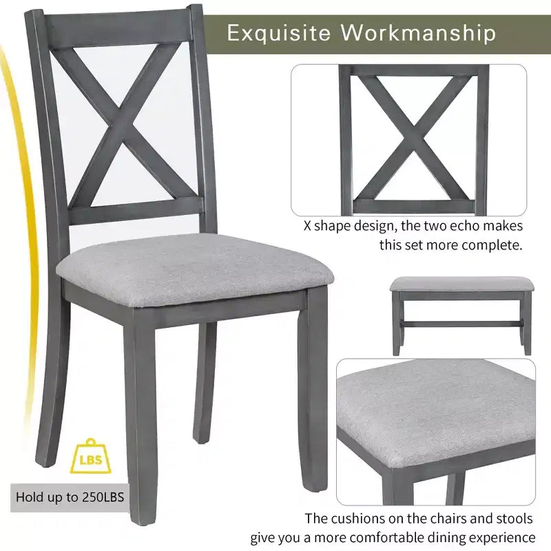 Ensemble de table à manger en bois 6 pièces, table pliante avec 4 chaises rembourrées et banc-ModernLuxe