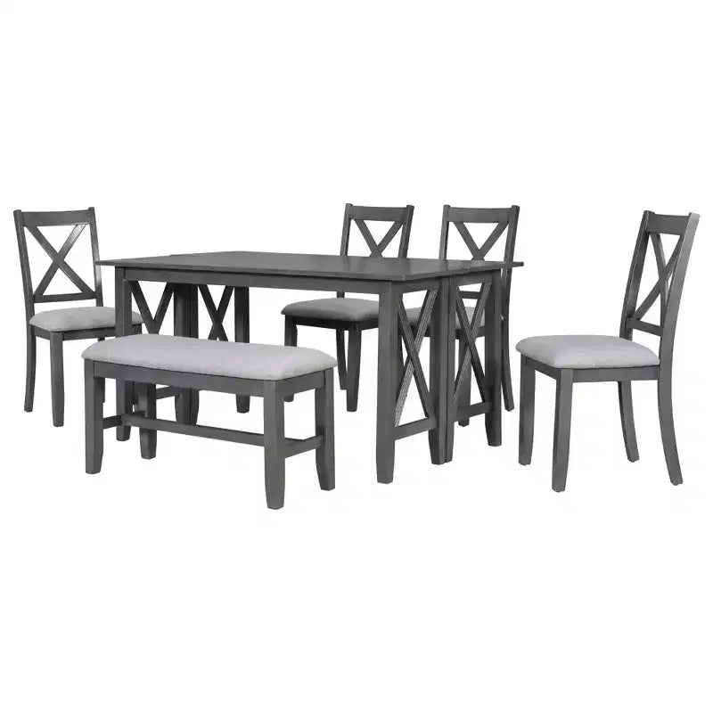 Ensemble de table à manger en bois 6 pièces, table pliante avec 4 chaises rembourrées et banc-ModernLuxe