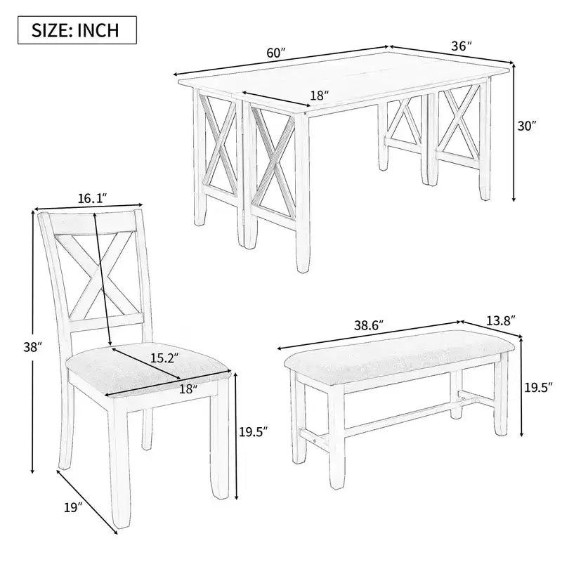 Ensemble de table à manger en bois 6 pièces, table pliante avec 4 chaises rembourrées et banc-ModernLuxe