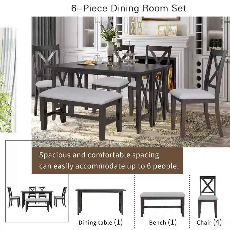 Ensemble de table à manger en bois 6 pièces, table pliante avec 4 chaises rembourrées et banc-ModernLuxe