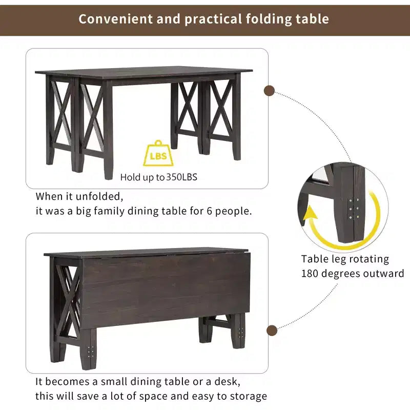 Ensemble de table à manger en bois 6 pièces, table pliante avec 4 chaises rembourrées et banc-ModernLuxe